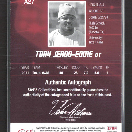 2012 SAGE HIT Tony Jerod-Eddie #A27 Authentic Autograph Auto