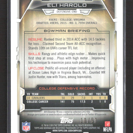 2015 Bowman Eli Harold #69 Orange Atomic Refractor RC /50