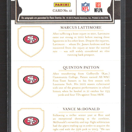 2013 Panini Pen Pals Quinton Patton Marcus Lattimore Vance McDonald #12 Auto