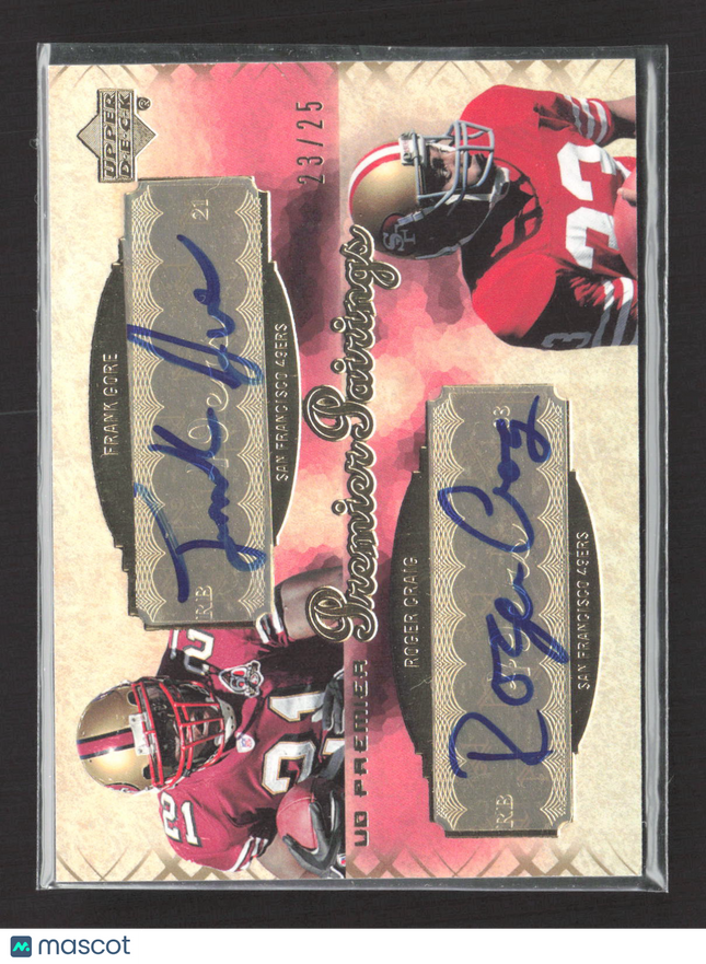 2007 Premier Premier Pairings Frank Gore Roger Craig #PPD-9 Gold 23/25 Auto