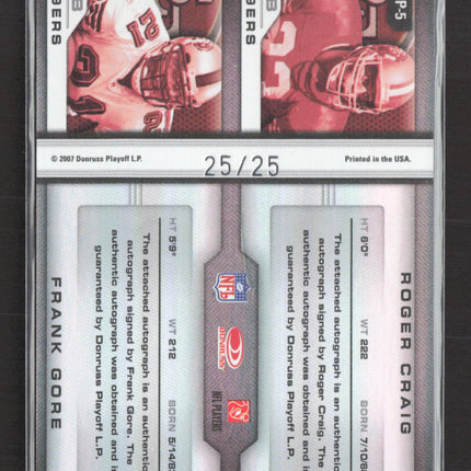 2007 Leaf Limited Prime Pairings Roger Craig Frank Gore #PP-5 Auto /25