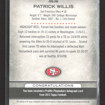 2012 Topps Playmakers Patrick Willis Topps Auto