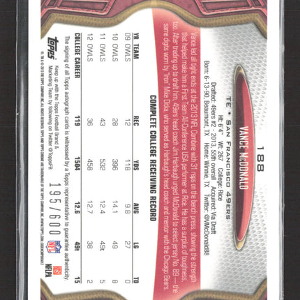 2013 Topps Chrome Vance McDonald #188 RC Auto