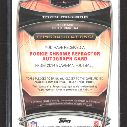 2014 Bowman Chrome Trey Millard #40 Refractor RC Auto