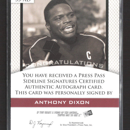 2010 Press Pass Sideline Signatures Anthony Dixon #SS-AD Auto