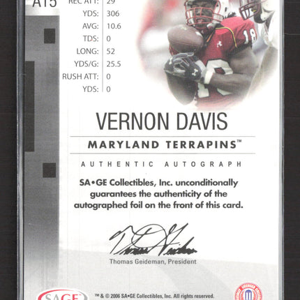 2006 SA-GE Red Level Vernon Davis #A15 Authentic Autograph Auto