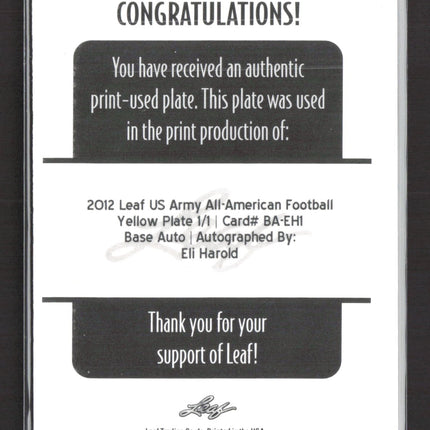 2012 Leaf US Army Eli Harold #BA-EH1 Printing Plate Printing Plate 1/1 Auto