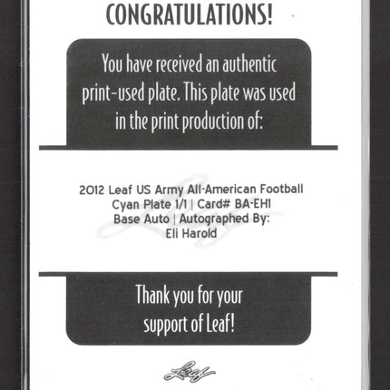 2012 Leaf US Army Football Eli Harold #BA-EH1  Printing Plate 1/1 Auto