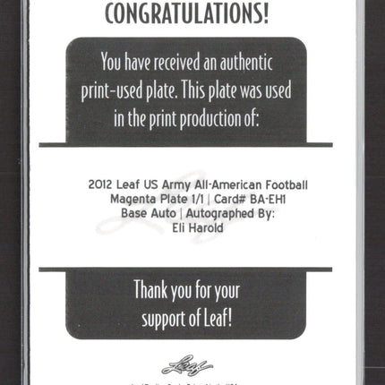 2012 Leaf US Army Football Eli Harold #BA-EH1 Magenta Printing Plate 1/1 Auto