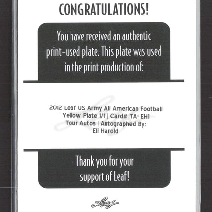 2012 Leaf US Army Eli Harold #TA-EH1 Yellow Printing Plate 1/1 Auto