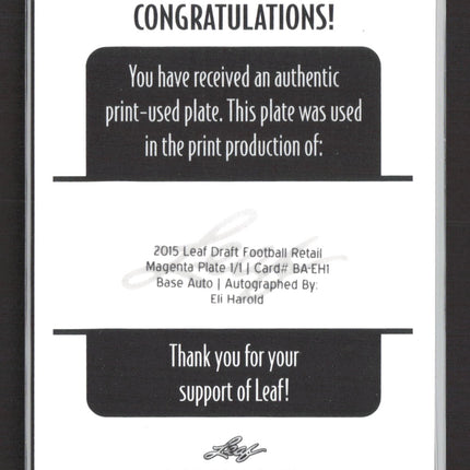 2015 Leaf Draft Football Eli Harold #BA-EH1 Magenta Printing Plate 1/1 Auto