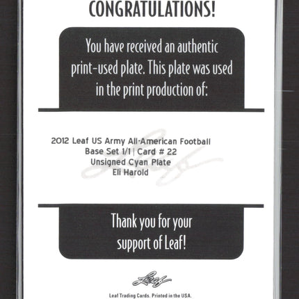 2012 Leaf US Army All-American Football Eli Harold #22 Cyan 1/1 Printing Plate
