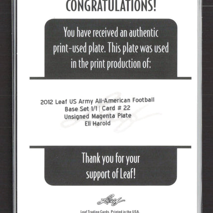 2012 Leaf US Army Football Eli Harold #22 Magenta Printing Plate 1/1