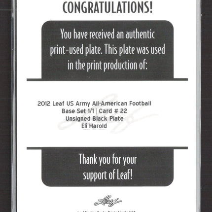 2012 Leaf US Army All-American Football Eli Harold #22 Black 1/1 Printing Plate