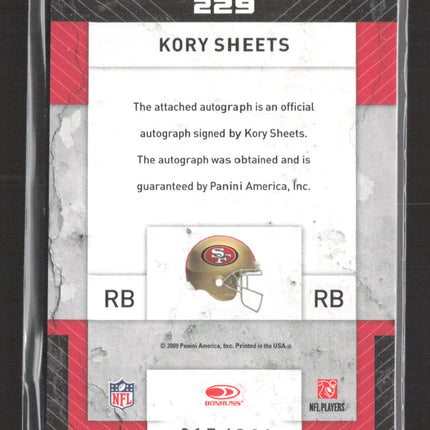 2009 Panini Threads Kory Sheets #229 Patch 315/390 Auto