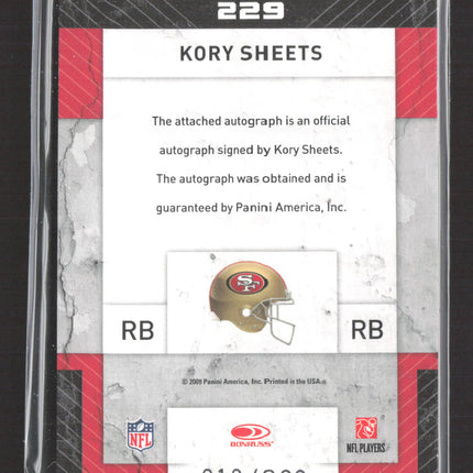 2009 Donruss Threads Rookie Class Kory Sheets #229 Rookie Patch 210/390 Auto