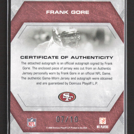 2008 Playoff Absolute Heroes Frank Gore #AH-23 07/10 Game-Worn Jersey Auto