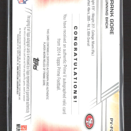 2014 Topps Prime Frank Gore #PV-FG Level V Quad Relic Patch Auto