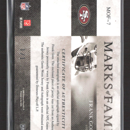 2008 Playoff Absolute Marks of Fame Frank Gore #MOF-7 Game Worn Patch Auto 1/1