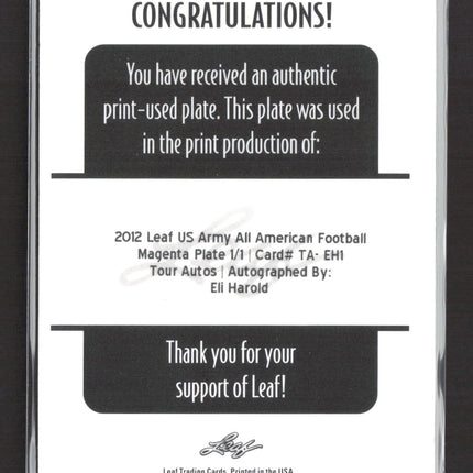 2012 Leaf US Army All American Eli Harold #TAEH1 Magenta Printing Plate 1/1 Auto