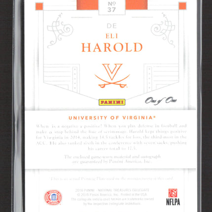 2016 National Treasures Eli Harold #37 Printing Plate Magenta Patch Auto 1/1