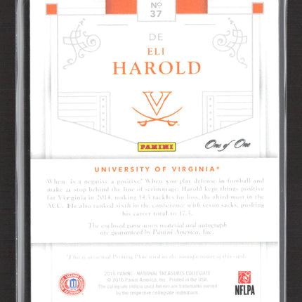 2016 National Treasures Eli Harold #37 White Printing Plate Patch Auto 1/1
