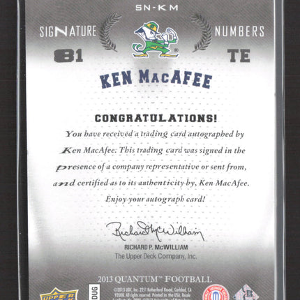 2013 Upper Deck Quantum Signature Numbers Ken MacAfee #SN-KM 62/81 Auto