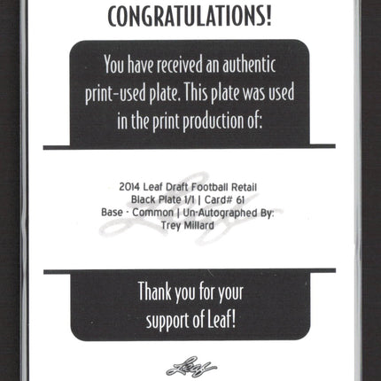 2014 Leaf Draft Football Retail Trey Millard #61 Black Printing Plate 1/1