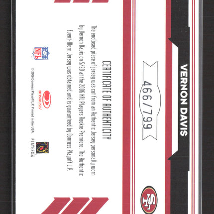 2006 Donruss Playoff Rookies & Stars Vernon Davis #259 Material Jersey /799