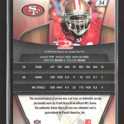 2009 Donruss Gridiron Gear Frank Gore #34 Game-Worn Laundry Tag Patch /50