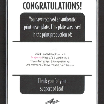 2024 Leaf Joe Montana Jeff Garcia Steve Young Magenta Printing Plate 1/1 Auto