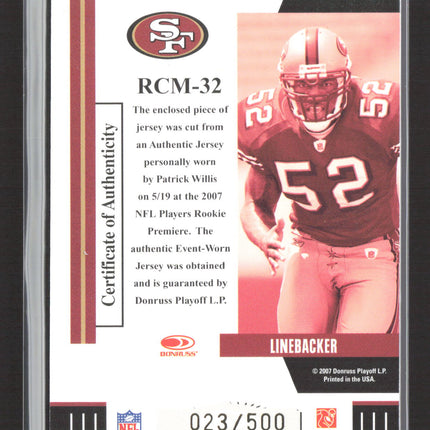 2007 Donruss Threads Rookie Collection Patrick Willis #RCM-32 Jersey Patch /500