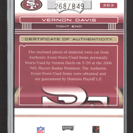 2006 Absolute Rookie Premiere Materials Vernon Davis #263 Ball Jersey /849