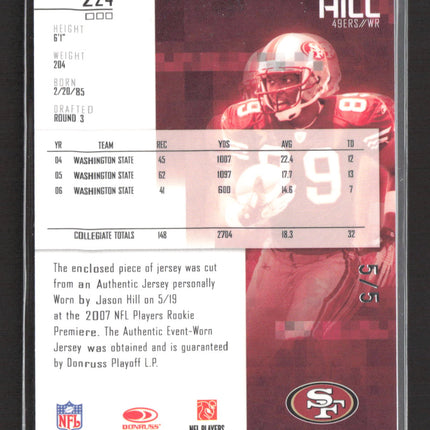 2007 Donruss Playoff Rookies & Stars Jason Hill #224 Letter Nameplate Patch /5