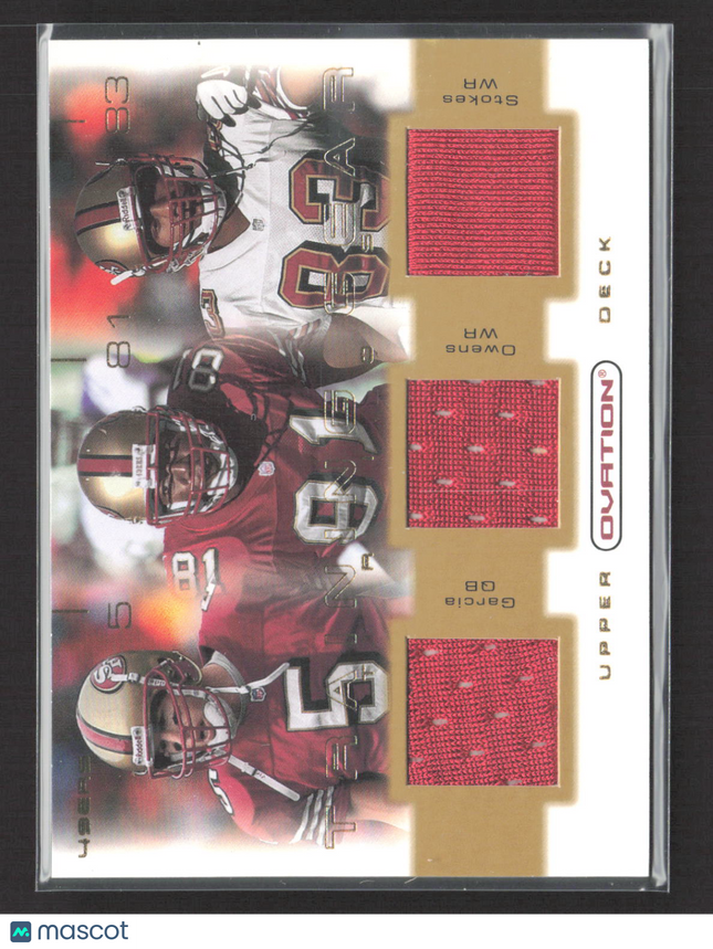 2001 UD Ovation Training Gear Terrell Owens Jeff Garcia JJ Stokes Triple Jersey