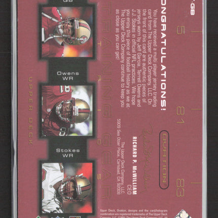 2001 UD Ovation Training Gear Terrell Owens Jeff Garcia JJ Stokes Triple Jersey