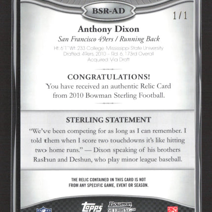 2010 Bowman Sterling Anthony Dixon #BSR-AD Printing Plate 1/1 Patch