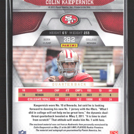 2011 Panini Certified Freshman Fabric Colin Kaepernick #282 Dual Patch Auto /499