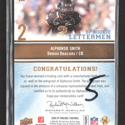 2009 UD SP Threads SP Rookie Lettermen Alphonso Smith #252 Patch 1/9 Auto