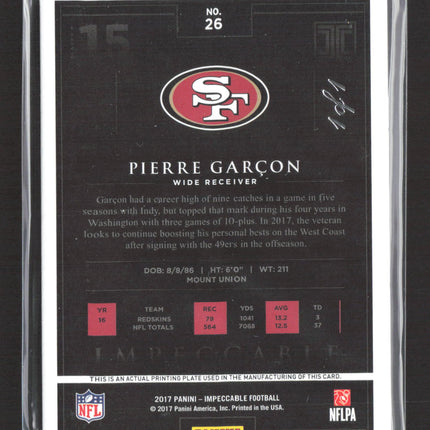 2017 Panini Impeccable Pierre Garcon #26 Cyan Printing Plate Printing Plate