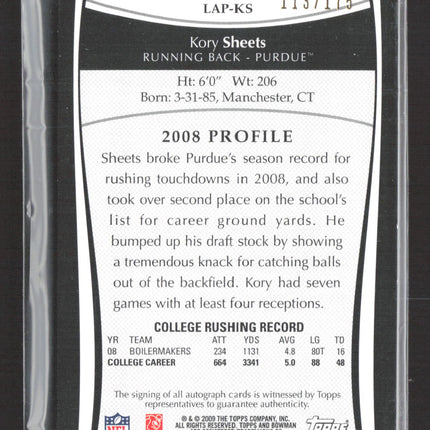 2009 Topps College Letter Kory Sheets #LAP-KS 113/175 College Letter Patch Auto
