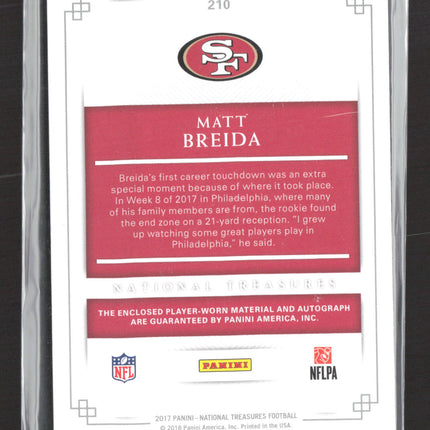 2018 Panini National Treasures Matt Breida #210 Jersey Patch RC 55/99 Auto