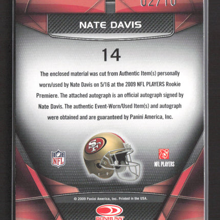 2009 Donruss Gridiron Gear Performers Nate Davis #14 Jersey Ball Auto /10