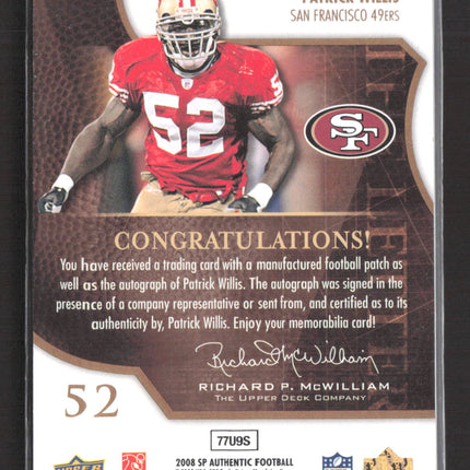 2008 Upper Deck SP Authentic By The Letter Patrick Willis #BL-PW Patch 4/23 Auto