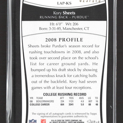 2009 Topps College Letter Patch Kory Sheets #LAP-KS 025/175 Auto
