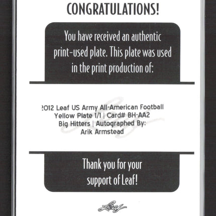 2012 Leaf US Army Big Hitters Arik Armstead Yellow Printing Plate 1/1 Auto