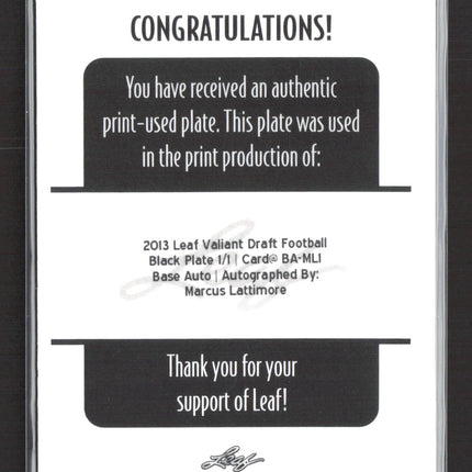 2013 Leaf Valiant Draft Marcus Lattimore #BA-ML1 Black Printing Plate 1/1 Auto