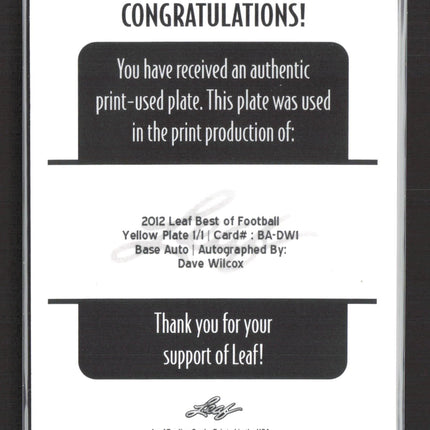 2012 Leaf Best of Football Dave Wilcox #BA-DWI Yellow Printing Plate 1/1 Auto