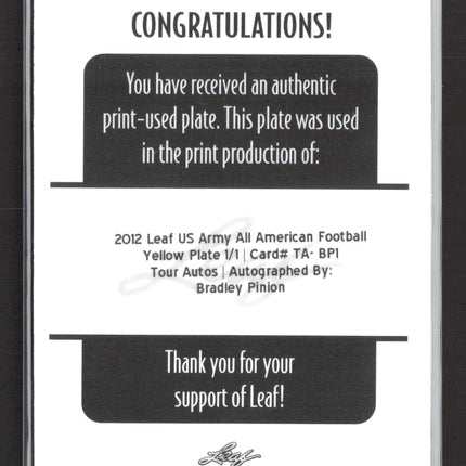 2012 Leaf US Army Bradley Pinion #TA-BP1 Yellow Printing Plate 1/1 Auto