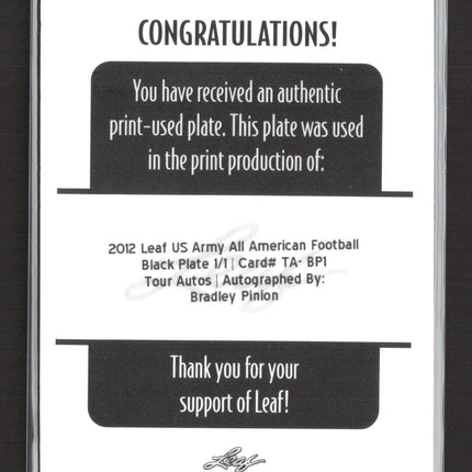 2012 Leaf US Army Bradley Pinion #TA-BP1 Black Printing Plate 1/1 Auto